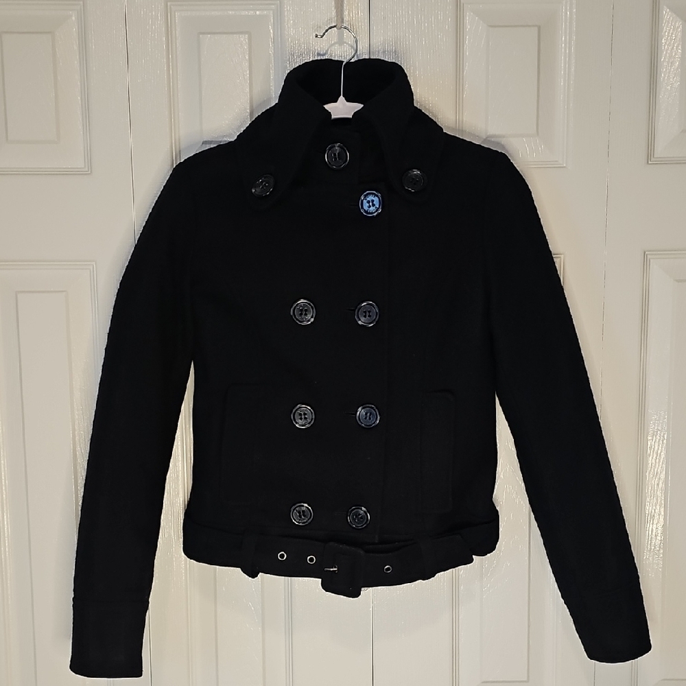 Guess Cropped Black Double Breasted Wool Peacoat